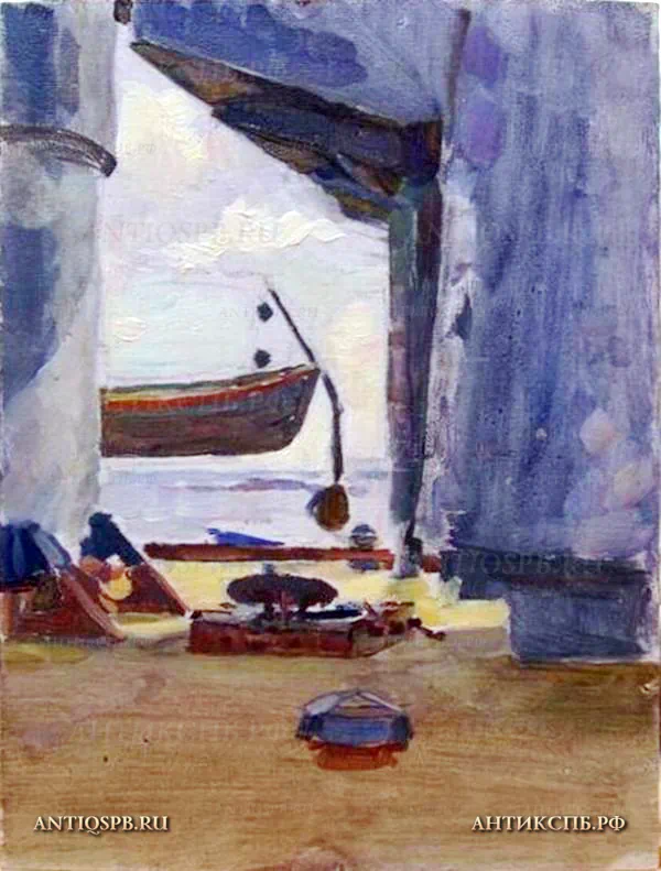157. Картина "У орудийной башни". Картон, масло. А. Бантиков. СССР. Сер. XX века
